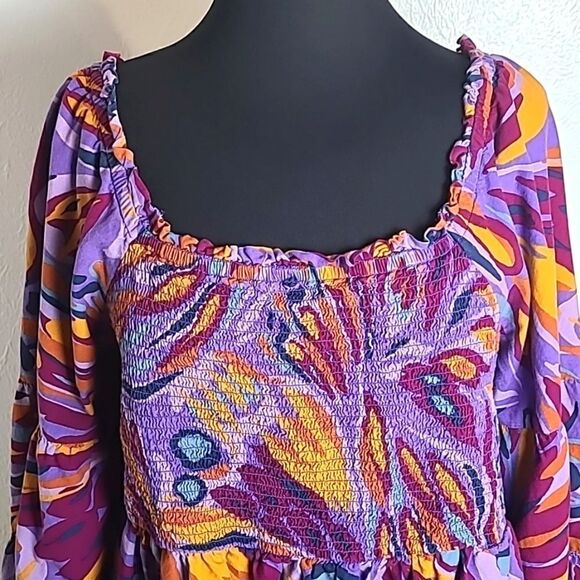 Terra & Sky Colorful Top Purple Orange Print Shirred Elastic, Size 1X, 16W-18W - Picture 4 of 9